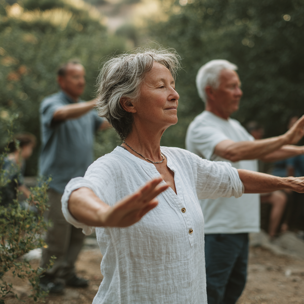 Middle-aged adults practicing gentle movement exercises in natural outdoor setting