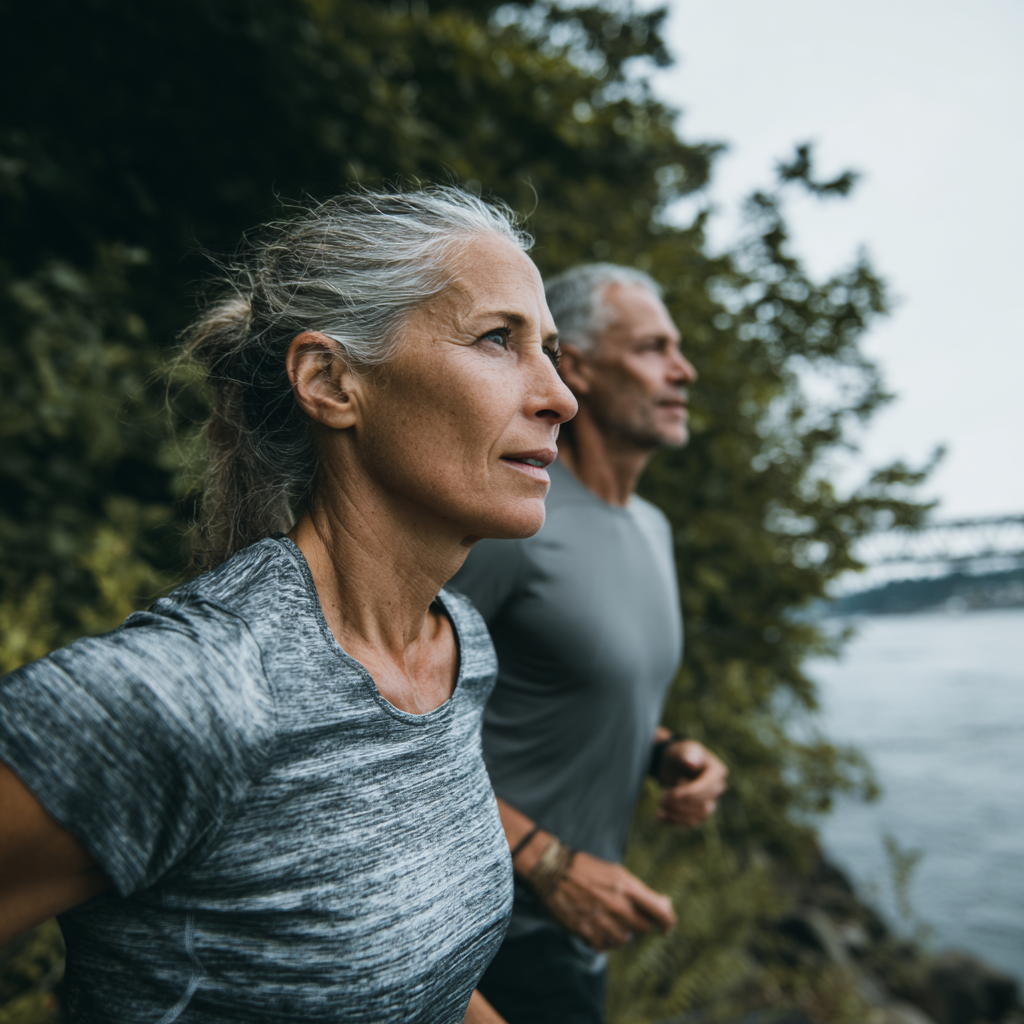 Middle-aged people engaging in various gentle physical activities in natural settings