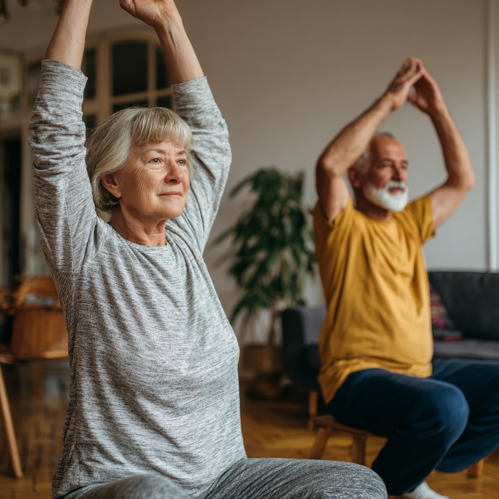 Older adults demonstrating simple stretching exercises at home environment